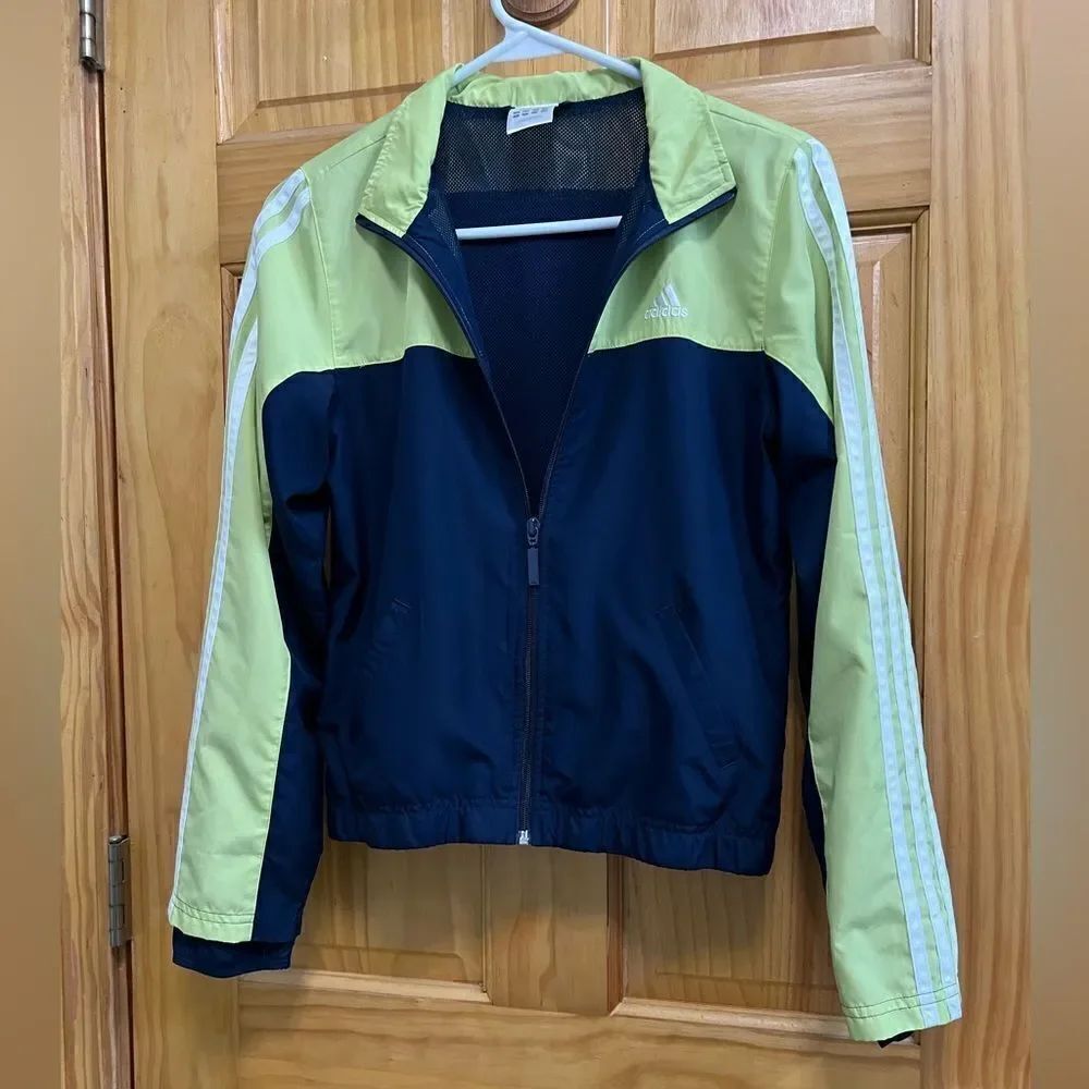Vintage Adidas youth large navy and light green zip up jacket